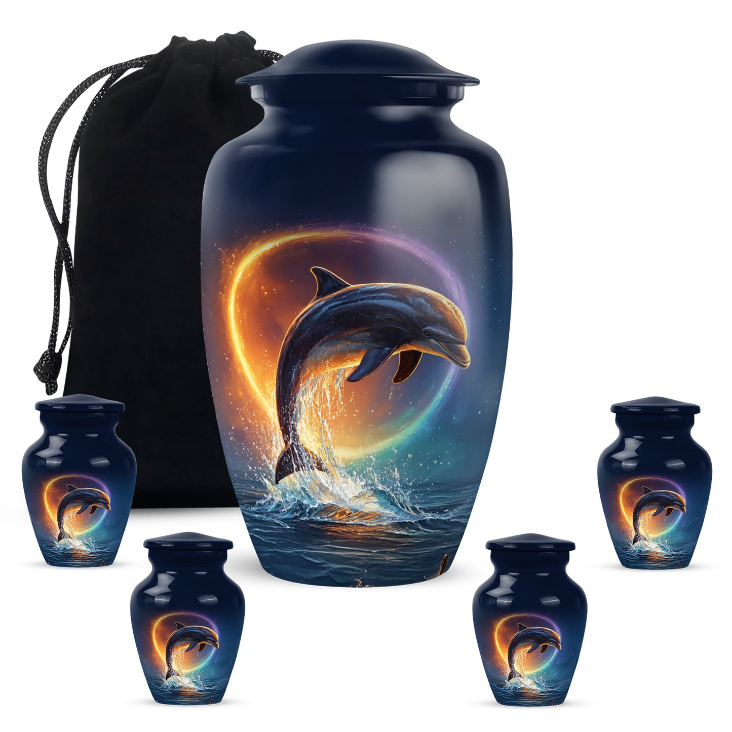Twilight Blue Dolphin Cremation Urn top-down view of secure threaded lid - elegant classic dolphin relief with fine detailing - memorial set with one large and four small urns