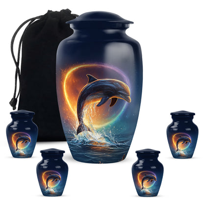Twilight Blue Dolphin Cremation Urn top-down view of secure threaded lid - elegant classic dolphin relief with fine detailing - memorial set with one large and four small urns