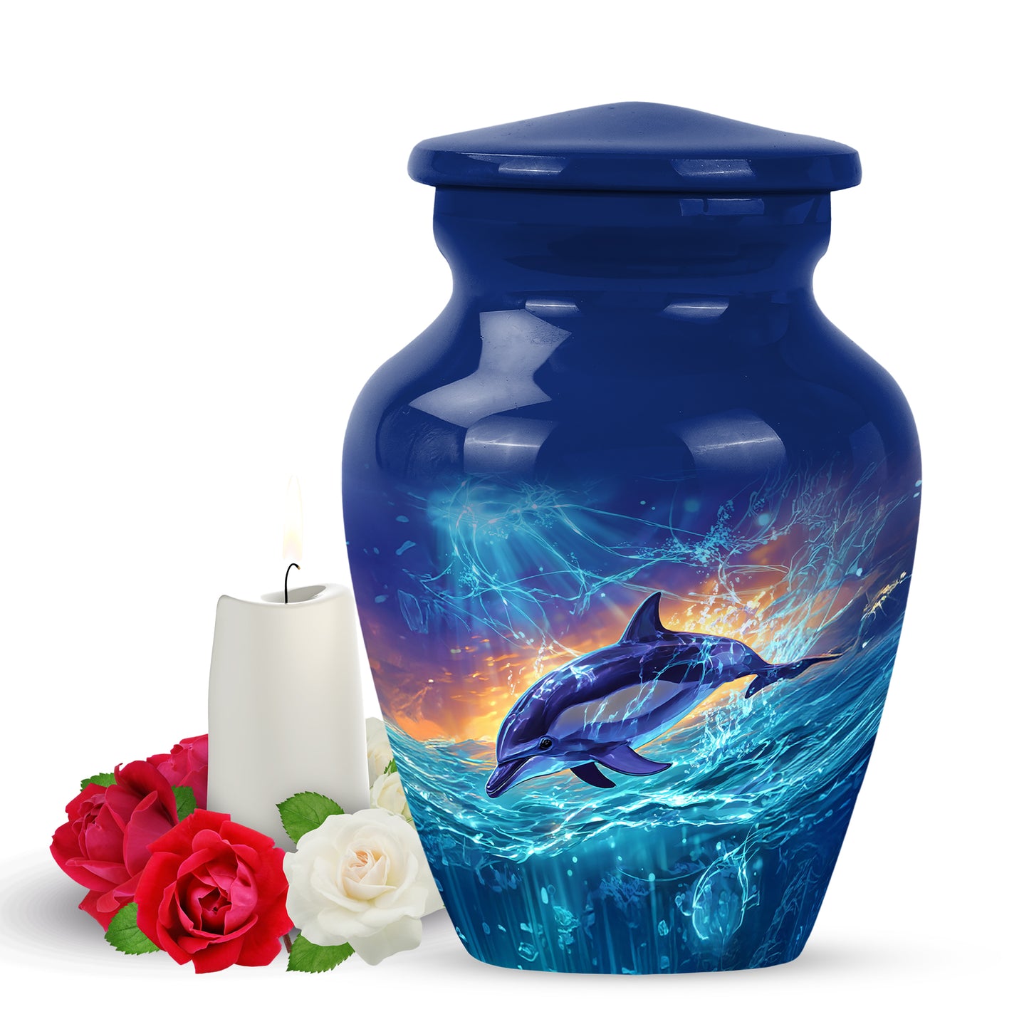Blue Venerable Dolphin Cremation Urns for Human Ashes - 10-inch, 200 cu in - Yatskia