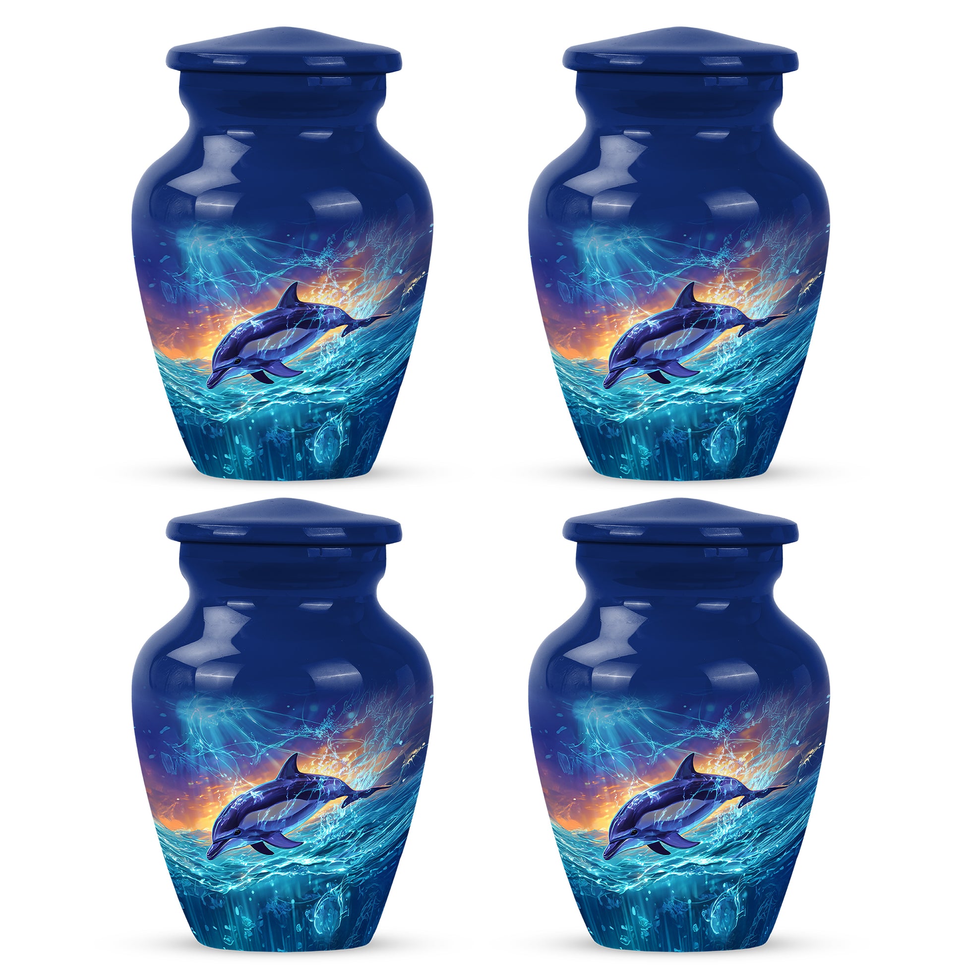 Twilight Blue Dolphin Cremation Urn side profile showing urn shape - traditional dolphin engraving with hand-polished finish - 10 inch aluminum urn for cremated remains