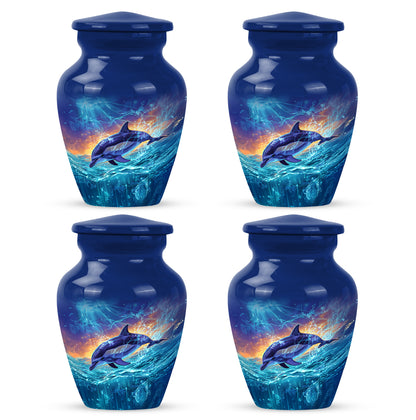 Twilight Blue Dolphin Cremation Urn side profile showing urn shape - traditional dolphin engraving with hand-polished finish - 10 inch aluminum urn for cremated remains