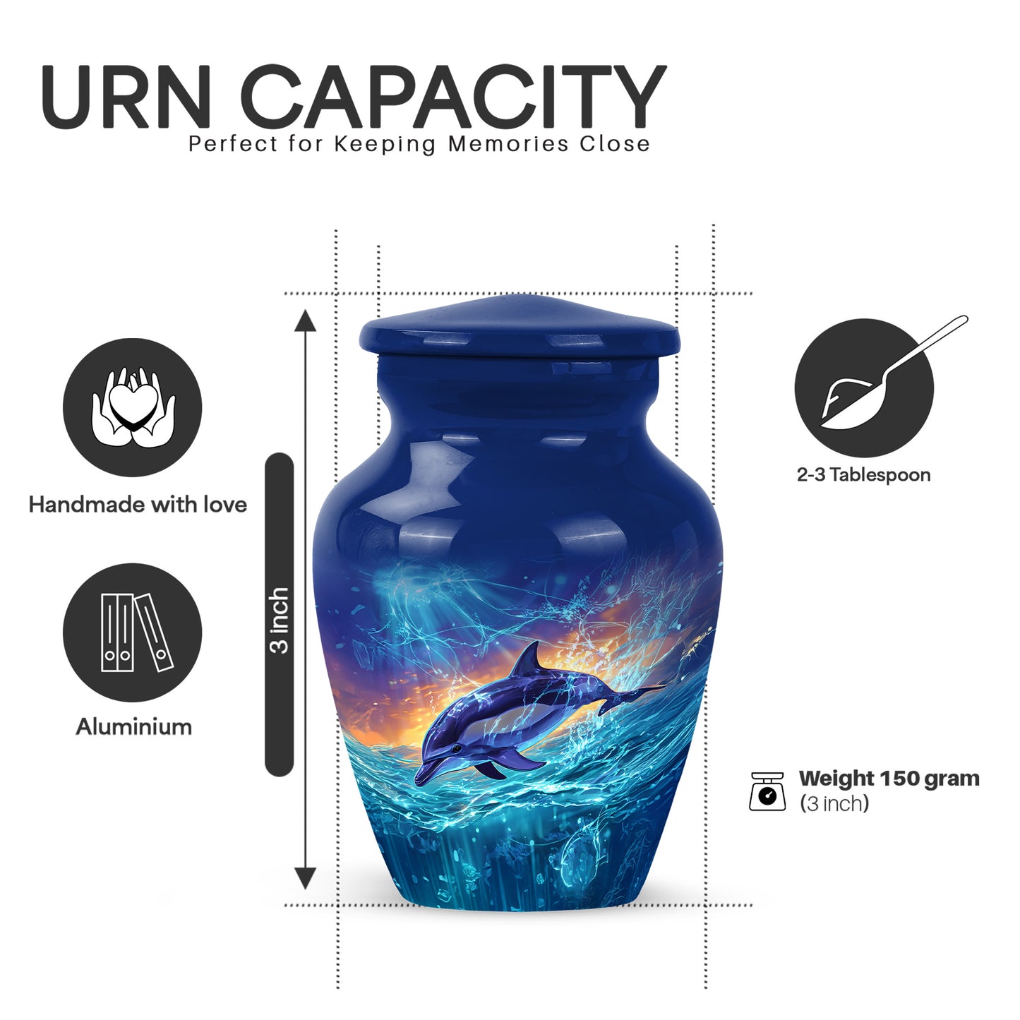 Steel Blue Dolphin Cremation Urn close-up of engraving and surface detail - traditional dolphin engraving with hand-polished finish - mini keepsake memorial for portion of cremation ashes