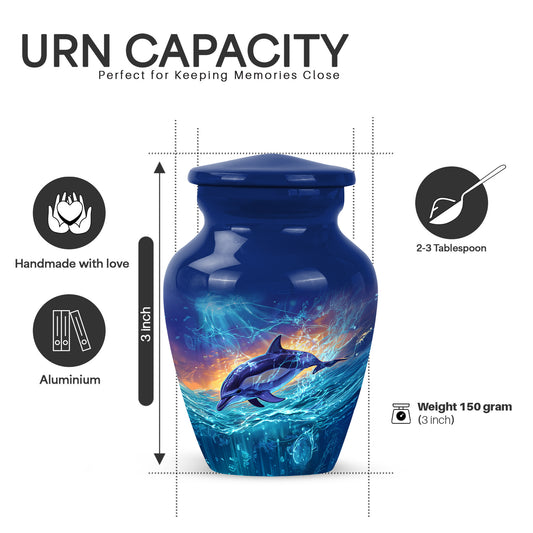 Steel Blue Dolphin Cremation Urn close-up of engraving and surface detail - traditional dolphin engraving with hand-polished finish - mini keepsake memorial for portion of cremation ashes