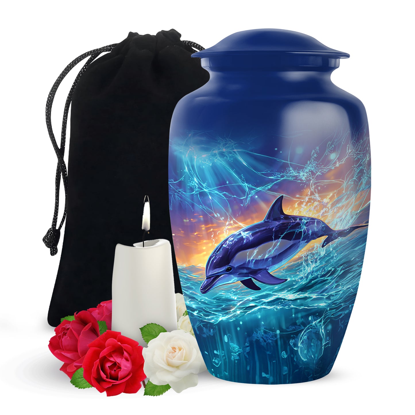 Steel Blue Dolphin Cremation Urn angled view of lid and engraved motif - elegant classic dolphin relief with fine detailing - full-size 10 inch 200 cubic inch adult cremation urn