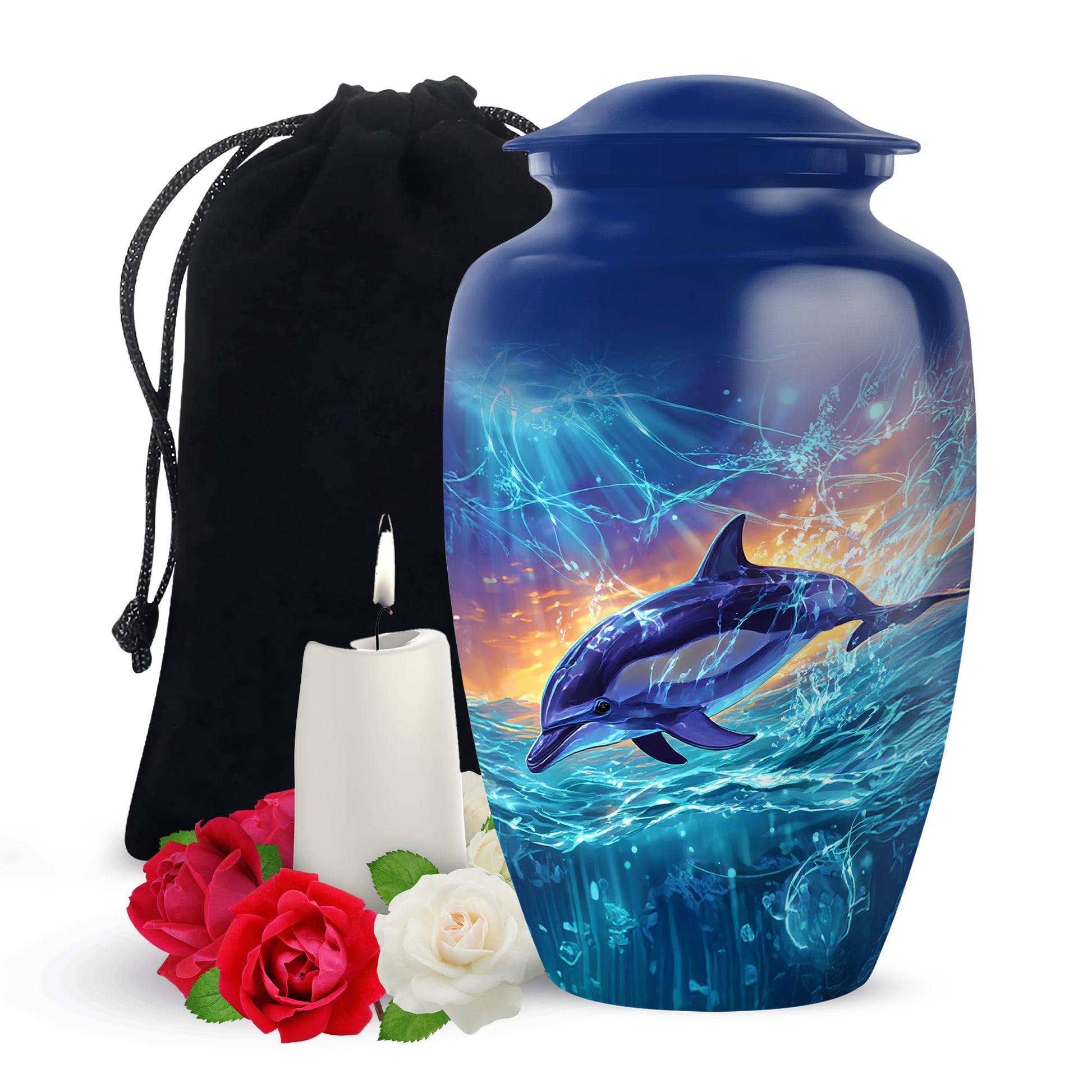 Steel Blue Dolphin Cremation Urn angled view of lid and engraved motif - elegant classic dolphin relief with fine detailing - full-size 10 inch 200 cubic inch adult cremation urn