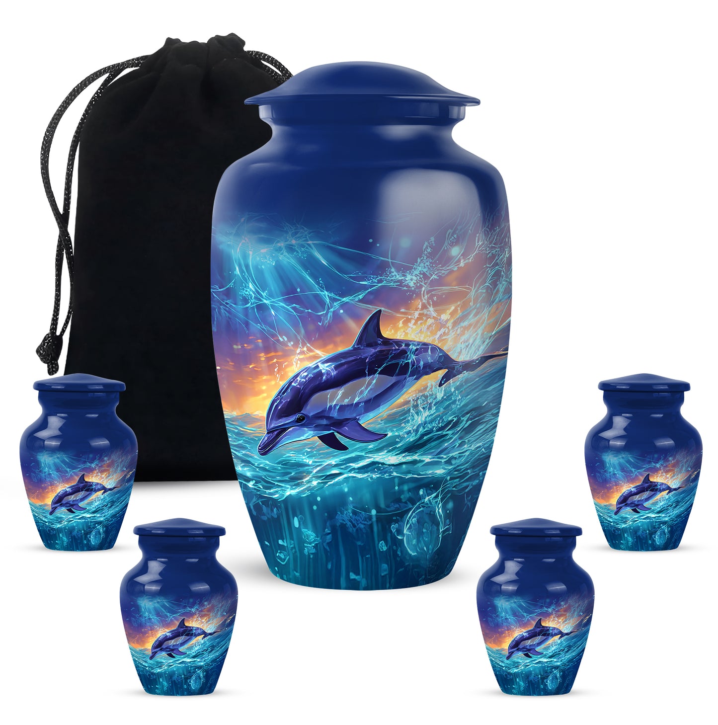 Sky Blue Dolphin Cremation Urn top-down view of secure threaded lid - timeless dolphin motif etched into premium metal - memorial set with one large and four small urns