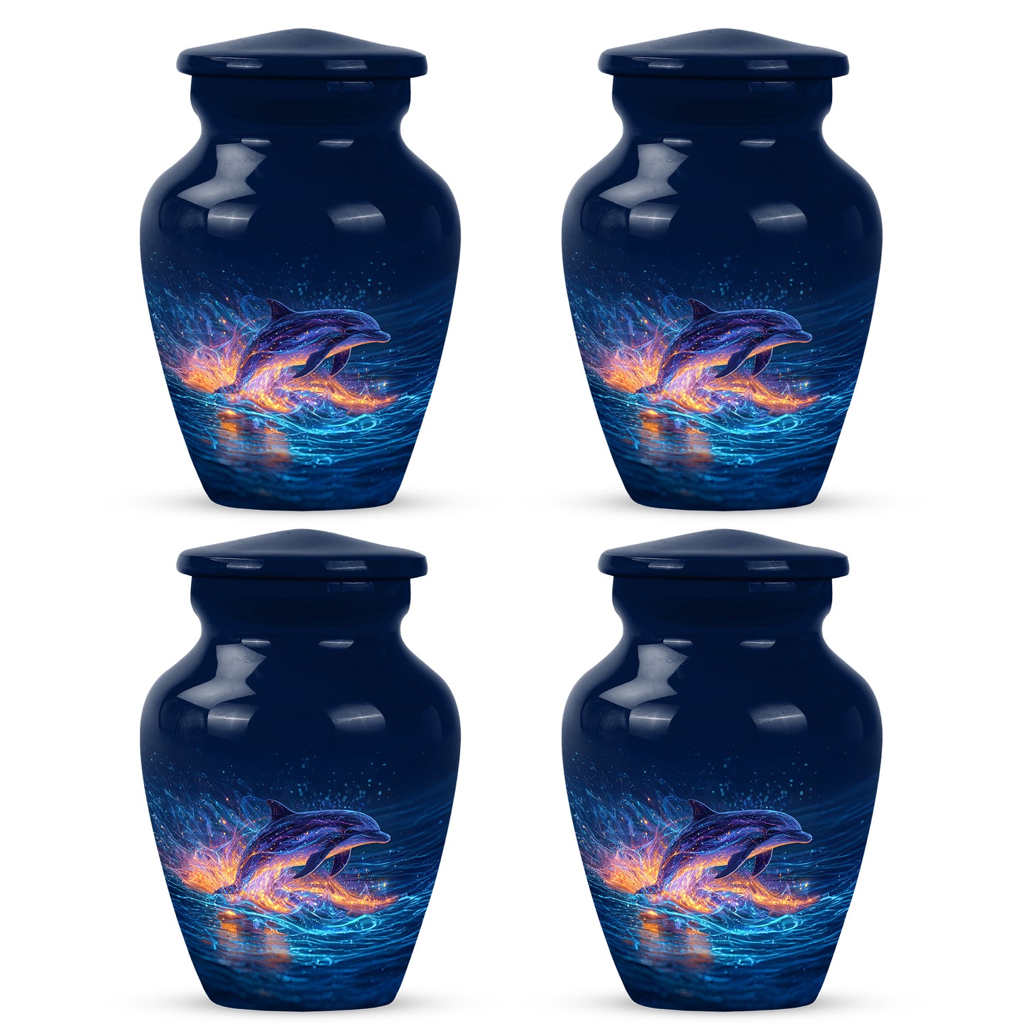 Cobalt Blue Dolphin Cremation Urn side profile showing urn shape - traditional dolphin engraving with hand-polished finish - 10 inch aluminum urn for cremated remains