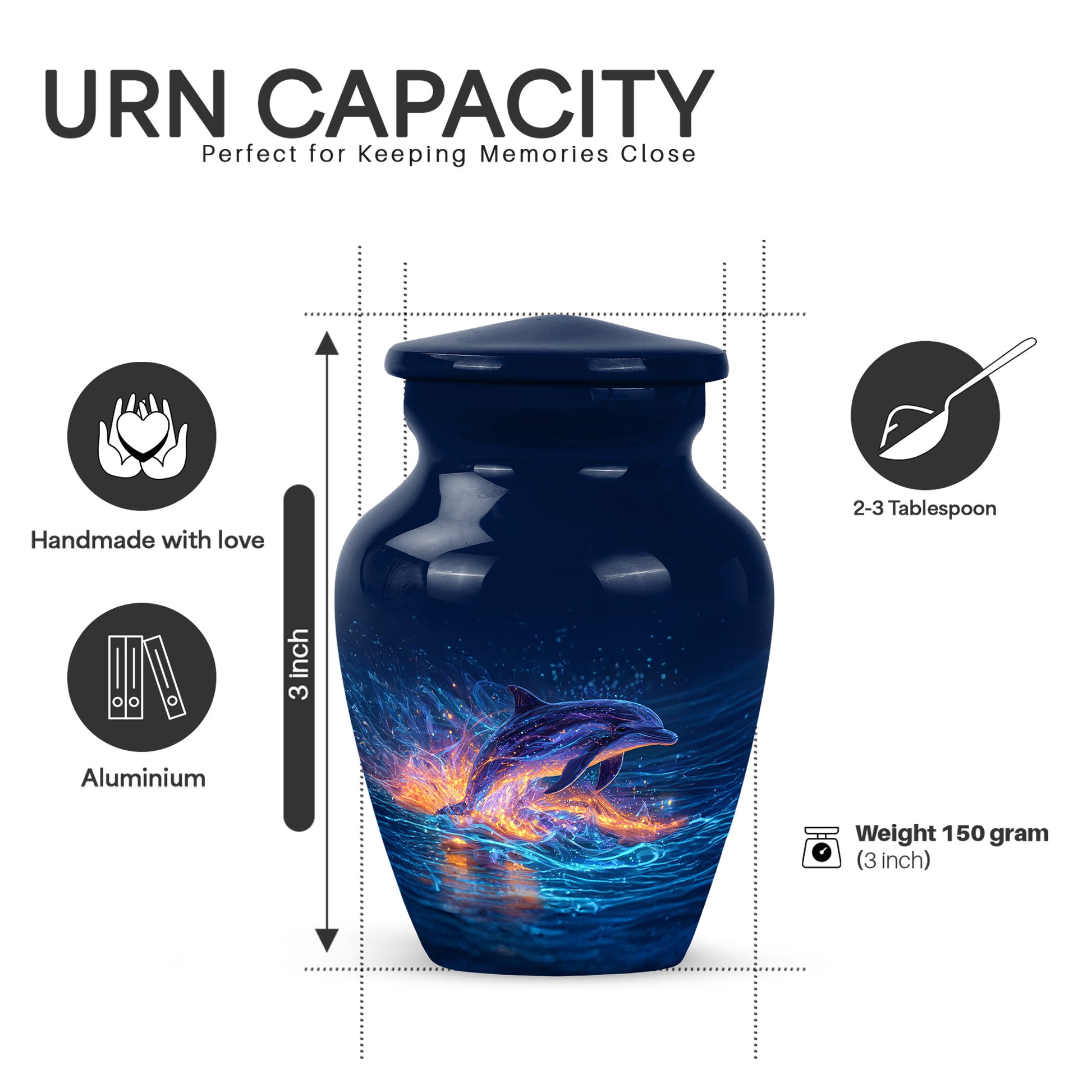 Celestial Blue Dolphin Cremation Urn close-up of engraving and surface detail - classic sculpted dolphin pattern on smooth aluminum - mini keepsake memorial for portion of cremation ashes