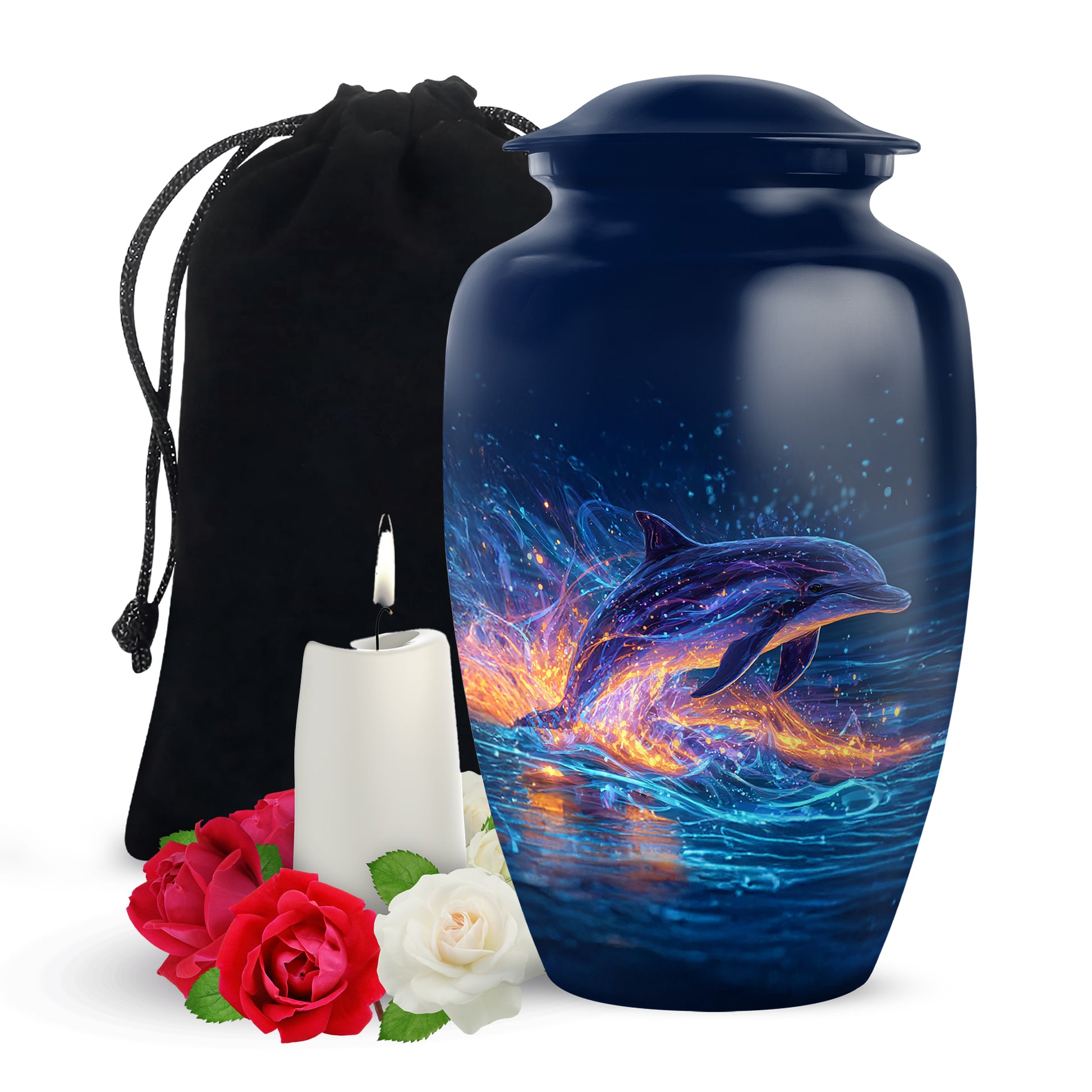 Cornflower Blue Dolphin Cremation Urn angled view of lid and engraved motif - elegant classic dolphin relief with fine detailing - full-size 10 inch 200 cubic inch adult cremation urn