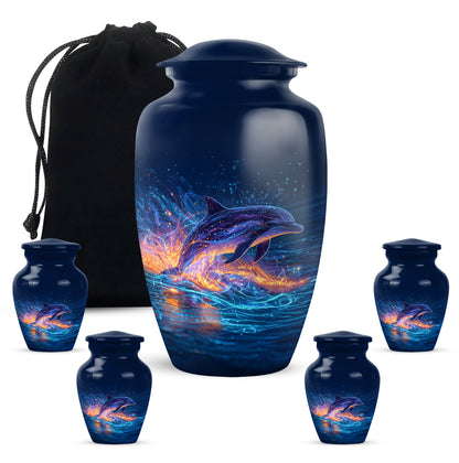Calming Blue Dolphin Cremation Urn top-down view of secure threaded lid - traditional dolphin engraving with hand-polished finish - memorial set with one large and four small urns