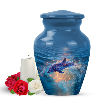 Blue Breathtaking Dolphin Memorial Urn for Ashes - 10-inch, 200 cu in - Yatskia