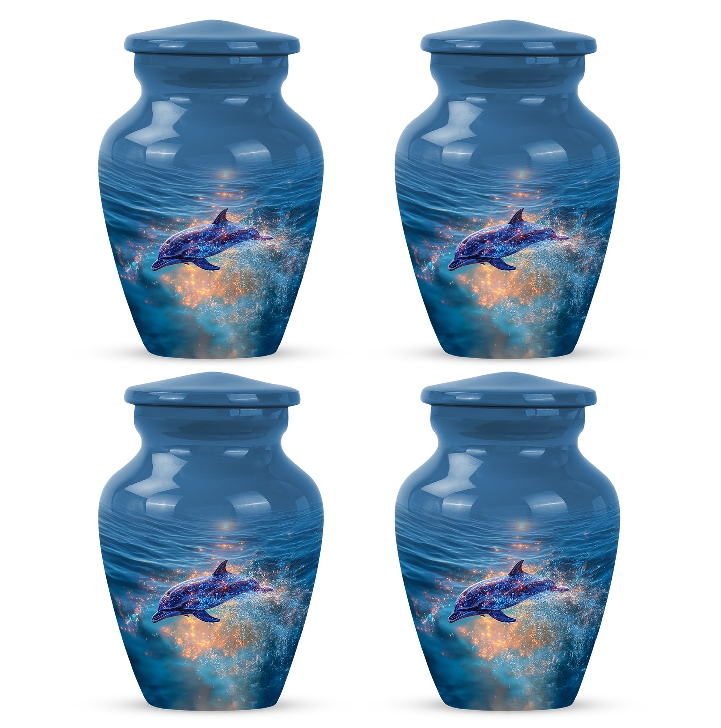 Azure Dolphin Cremation Urn side profile showing urn shape - timeless dolphin motif etched into premium metal - 10 inch aluminum urn for cremated remains