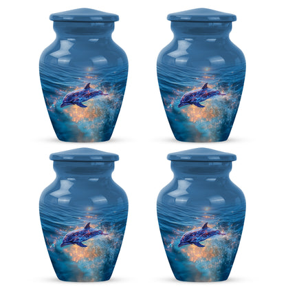 Azure Dolphin Cremation Urn side profile showing urn shape - timeless dolphin motif etched into premium metal - 10 inch aluminum urn for cremated remains