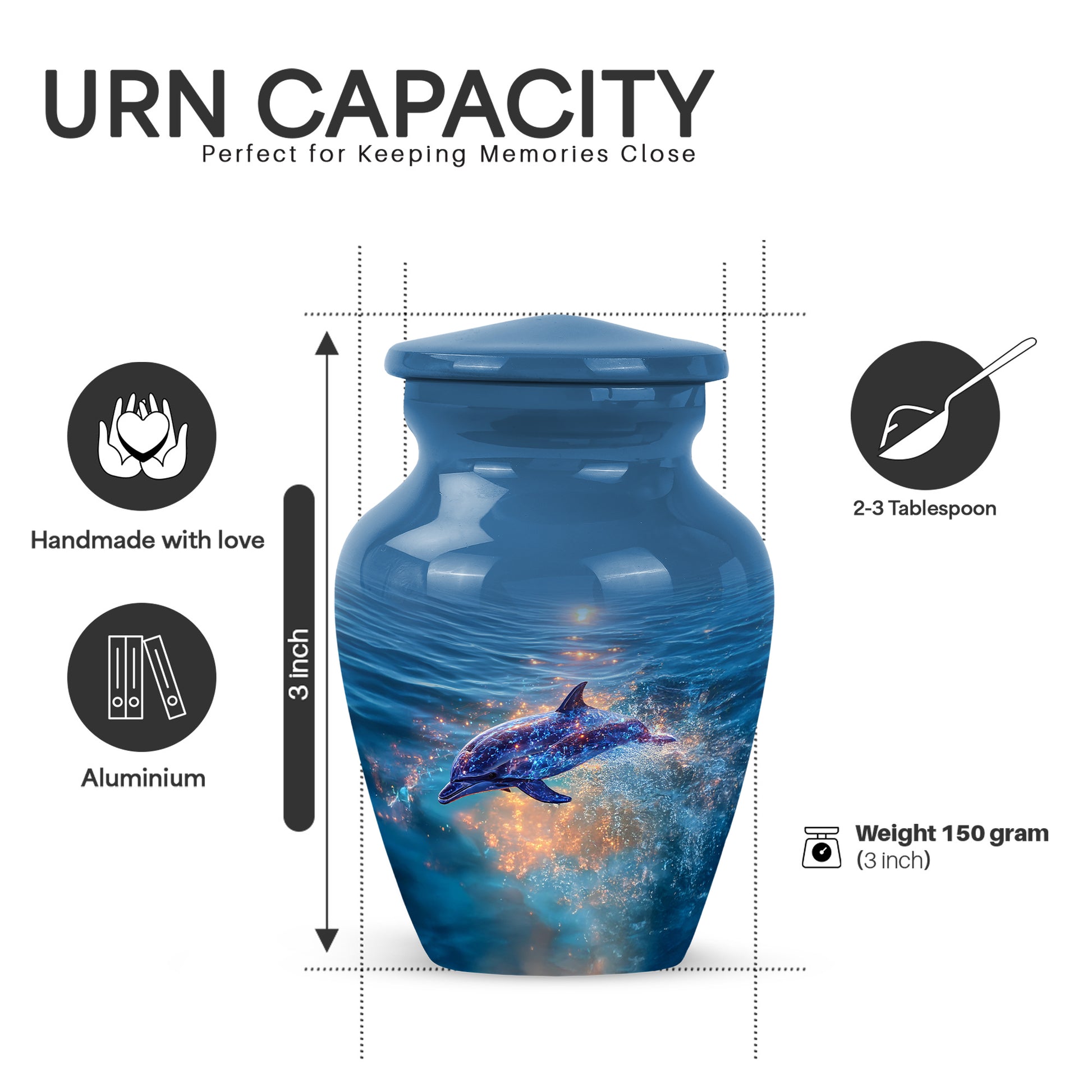 Misty Blue Dolphin Cremation Urn close-up of engraving and surface detail - classic sculpted dolphin pattern on smooth aluminum - mini keepsake memorial for portion of cremation ashes