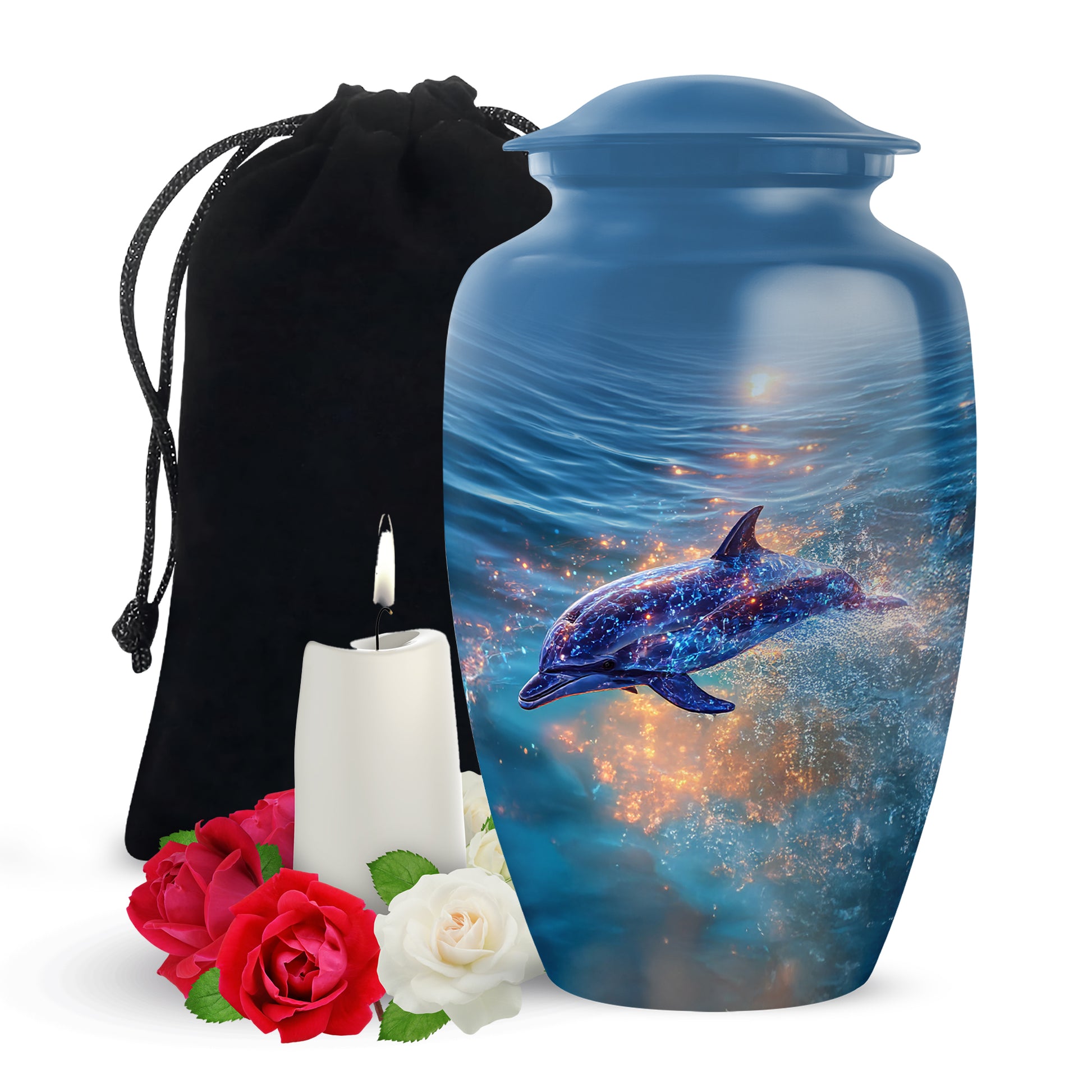 Dusty Blue Dolphin Cremation Urn angled view of lid and engraved motif - classic sculpted dolphin pattern on smooth aluminum - full-size 10 inch 200 cubic inch adult cremation urn