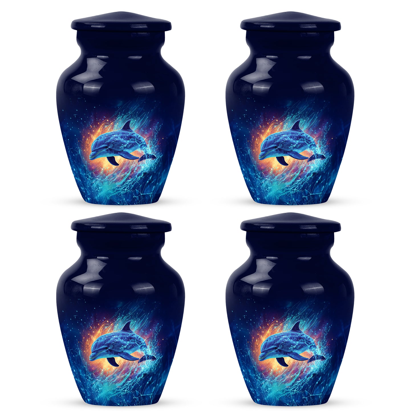 Twilight Blue Dolphin Cremation Urn side profile showing urn shape - elegant classic dolphin relief with fine detailing - 10 inch aluminum urn for cremated remains