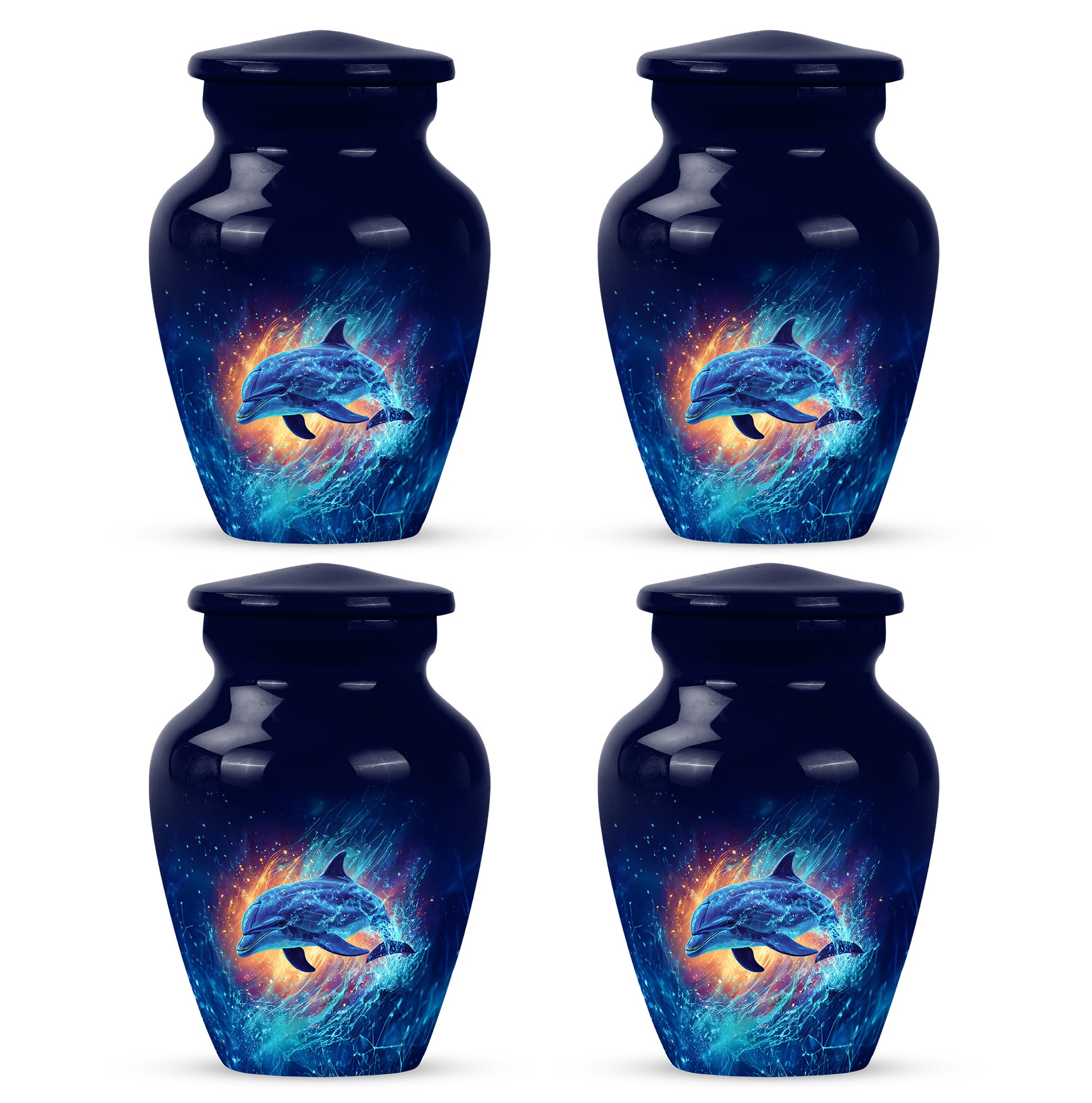Twilight Blue Dolphin Cremation Urn side profile showing urn shape - elegant classic dolphin relief with fine detailing - 10 inch aluminum urn for cremated remains