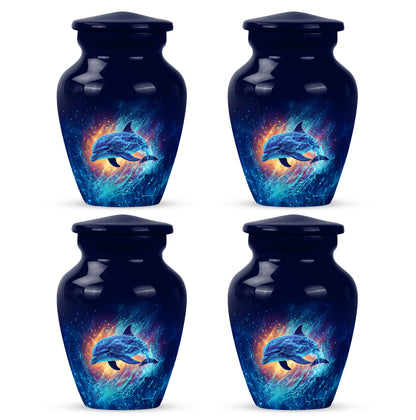 Twilight Blue Dolphin Cremation Urn side profile showing urn shape - elegant classic dolphin relief with fine detailing - 10 inch aluminum urn for cremated remains