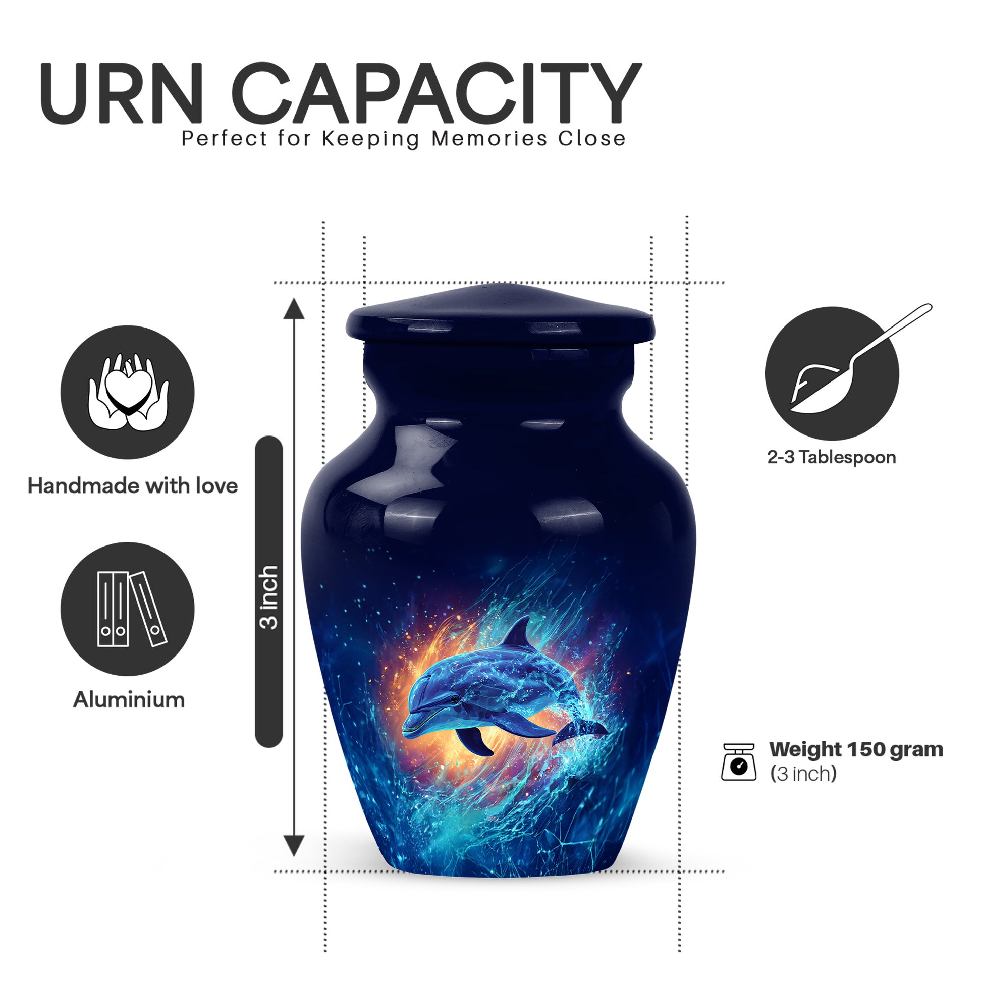 Calming Blue Dolphin Cremation Urn close-up of engraving and surface detail - elegant classic dolphin relief with fine detailing - mini keepsake memorial for portion of cremation ashes