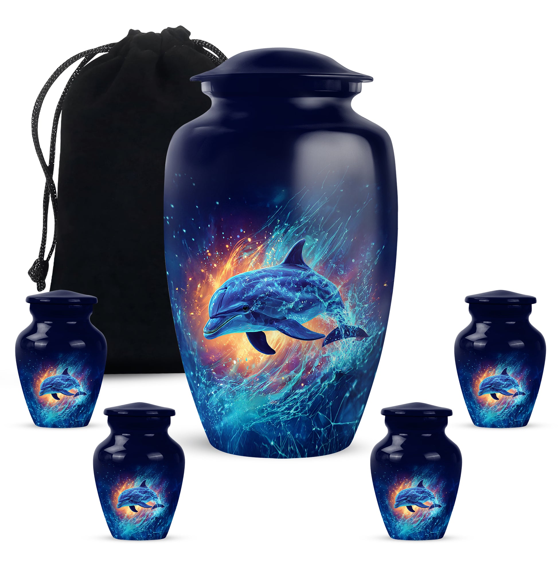 Royal Blue Dolphin Cremation Urn top-down view of secure threaded lid - elegant classic dolphin relief with fine detailing - memorial set with one large and four small urns