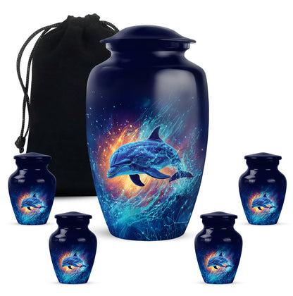 Royal Blue Dolphin Cremation Urn top-down view of secure threaded lid - elegant classic dolphin relief with fine detailing - memorial set with one large and four small urns