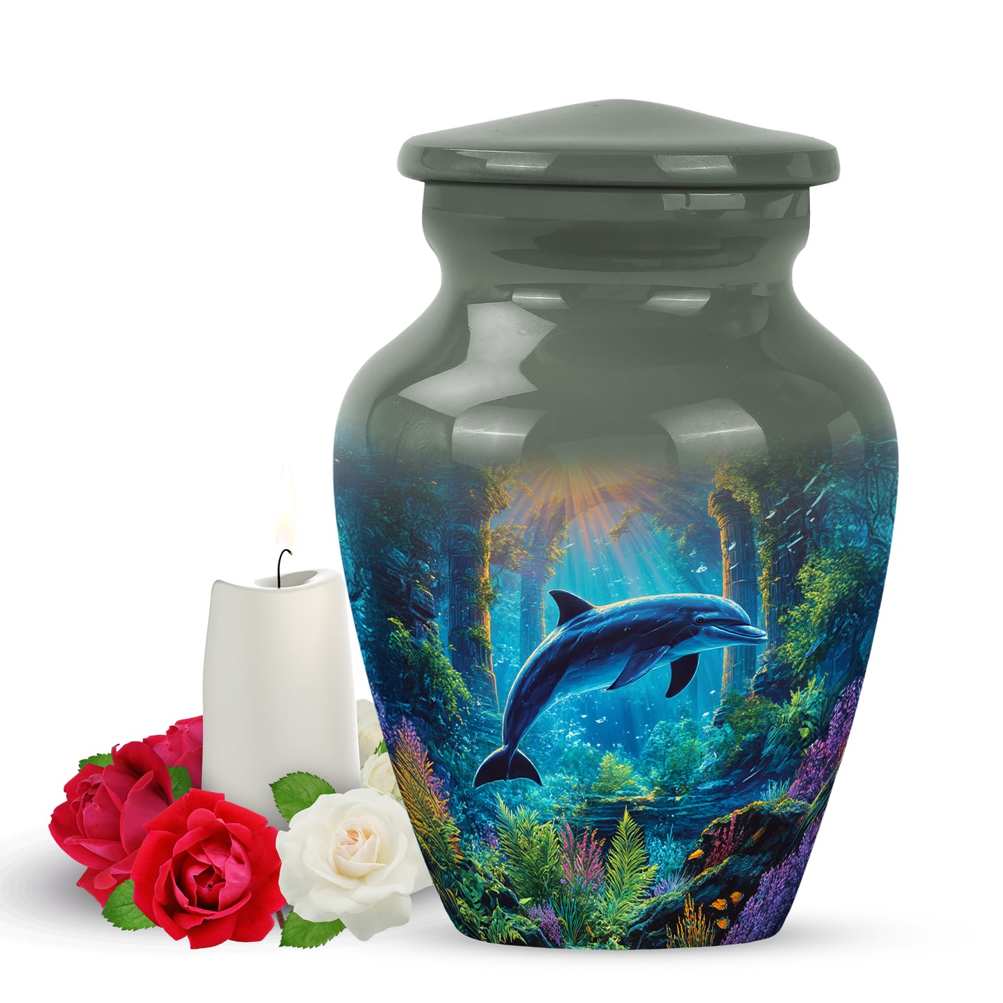 Gray Resounding Dolphin Memorial Urn for Ashes - 10-inch, 200 cu in - Yatskia