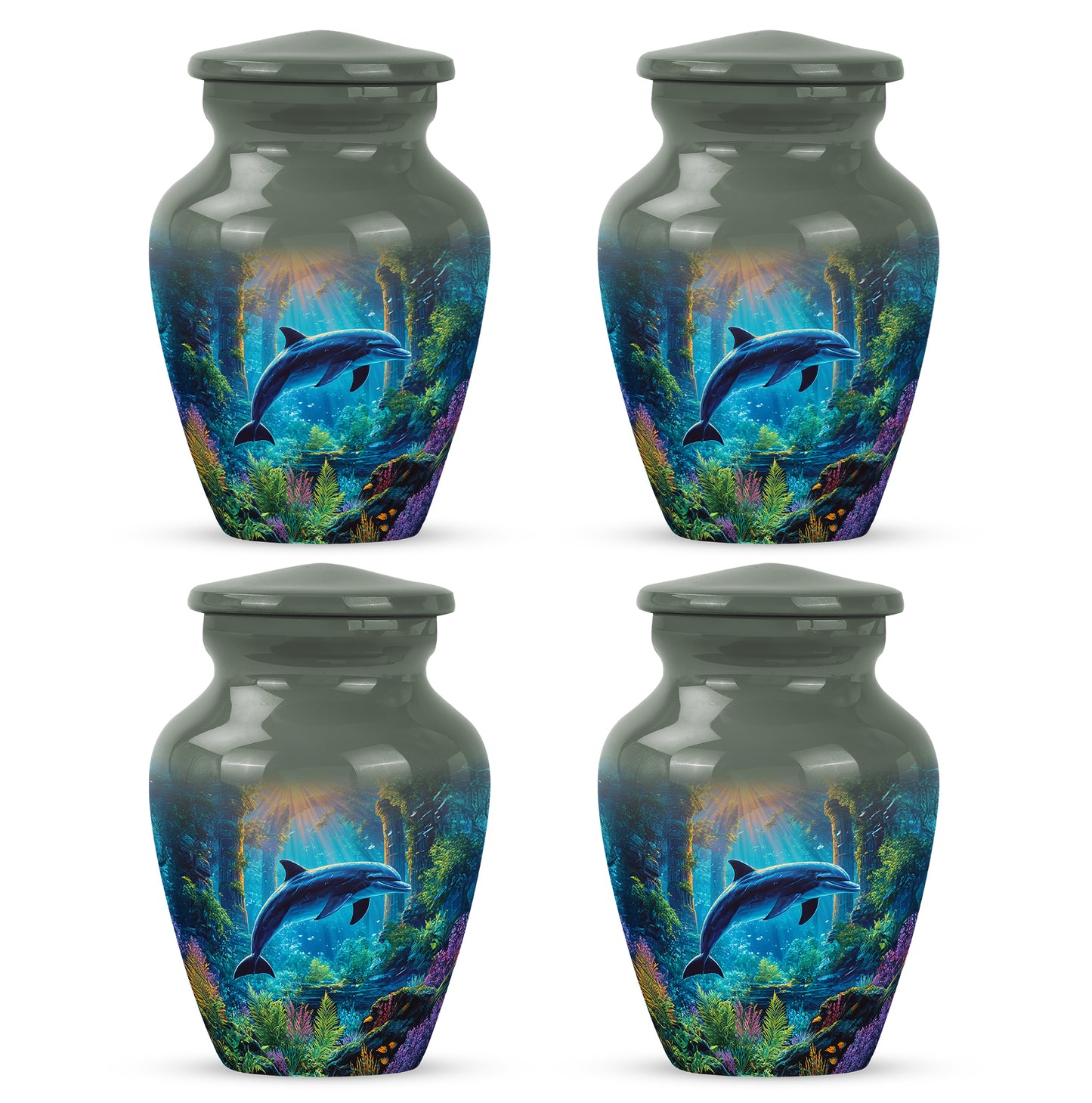 Charcoal Gray Dolphin Cremation Urn side profile showing urn shape - classic sculpted dolphin pattern on smooth aluminum - 10 inch aluminum urn for cremated remains