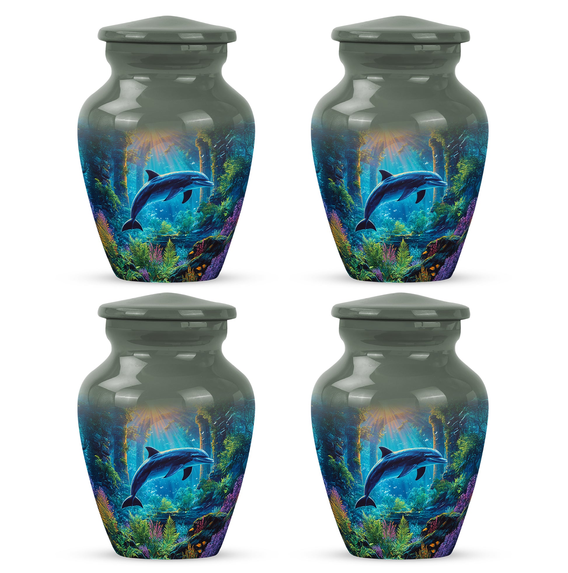 Charcoal Gray Dolphin Cremation Urn side profile showing urn shape - classic sculpted dolphin pattern on smooth aluminum - 10 inch aluminum urn for cremated remains