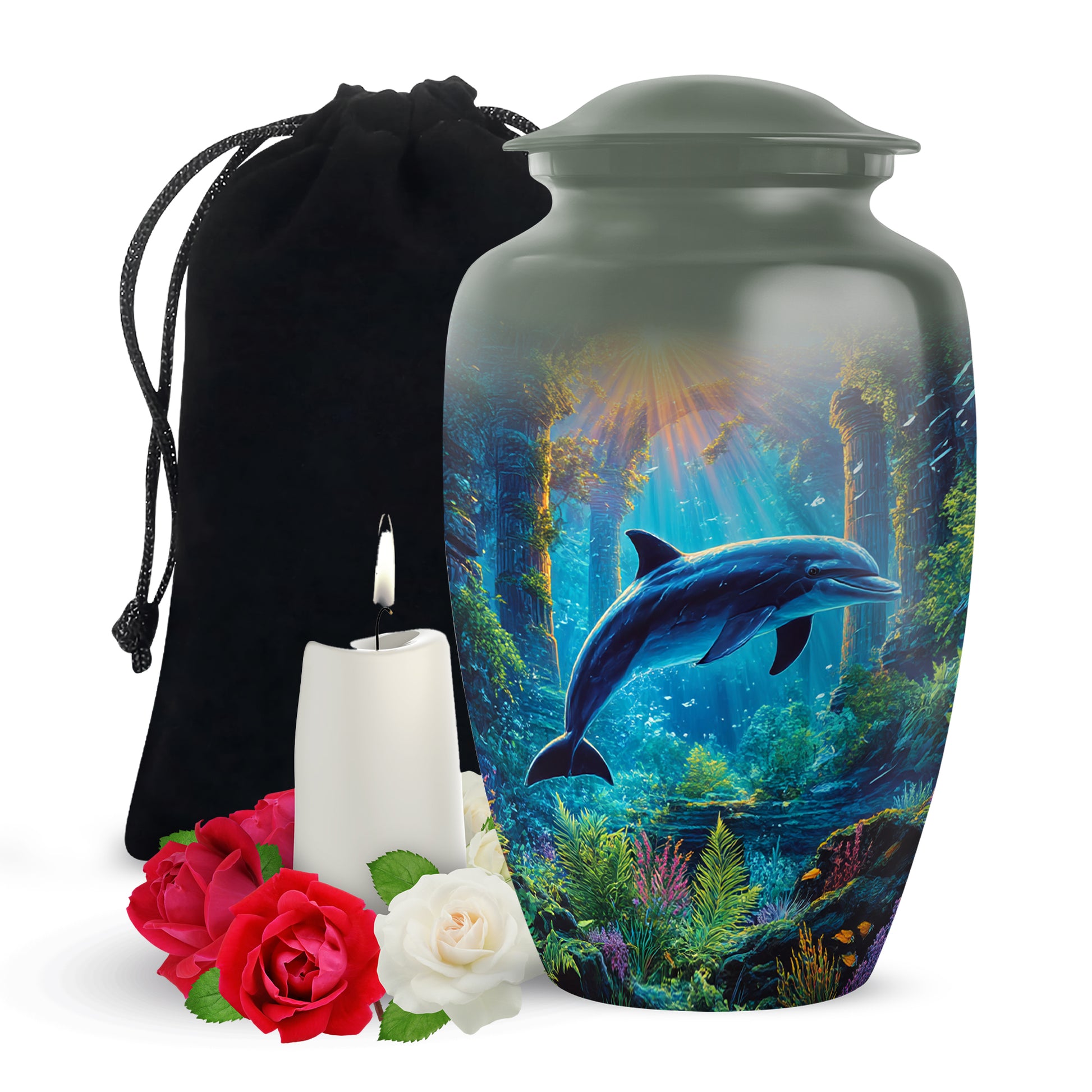 Dove Gray Dolphin Cremation Urn angled view of lid and engraved motif - timeless dolphin motif etched into premium metal - full-size 10 inch 200 cubic inch adult cremation urn