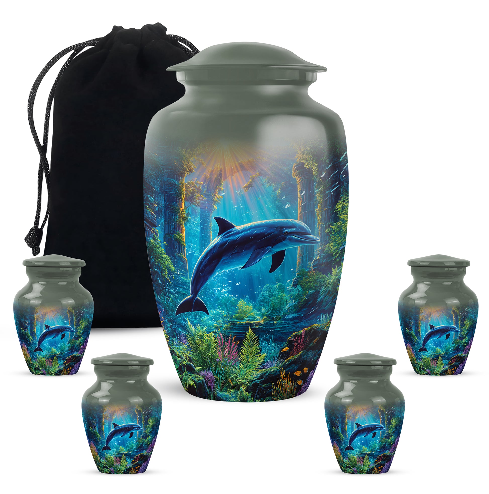 Storm Gray Dolphin Cremation Urn top-down view of secure threaded lid - elegant classic dolphin relief with fine detailing - memorial set with one large and four small urns
