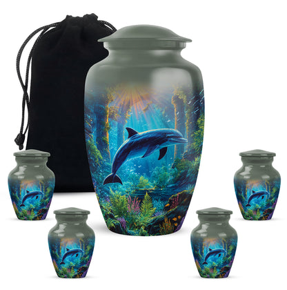 Storm Gray Dolphin Cremation Urn top-down view of secure threaded lid - elegant classic dolphin relief with fine detailing - memorial set with one large and four small urns