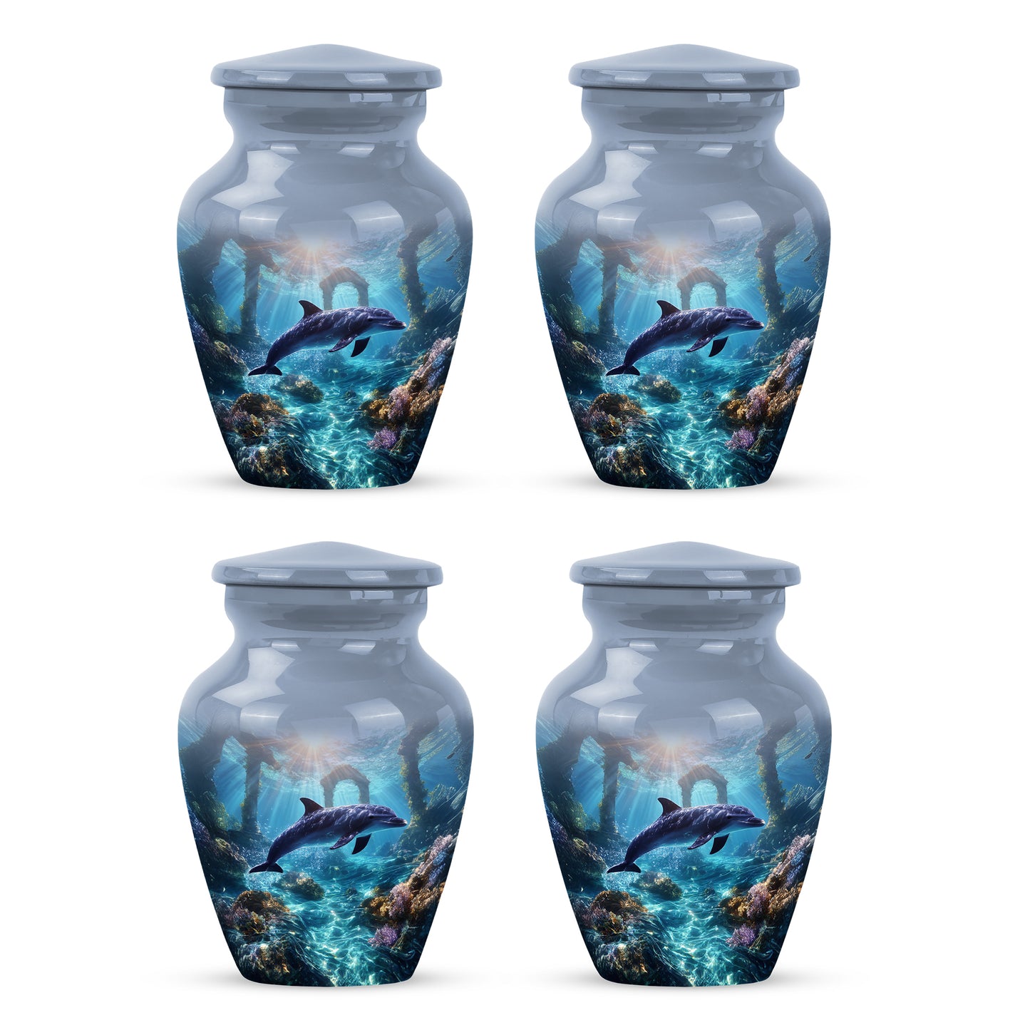 Pastel Blue Dolphin Cremation Urn side profile showing urn shape - classic sculpted dolphin pattern on smooth aluminum - 10 inch aluminum urn for cremated remains
