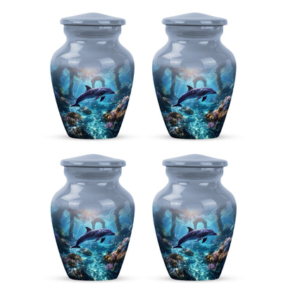 Pastel Blue Dolphin Cremation Urn side profile showing urn shape - classic sculpted dolphin pattern on smooth aluminum - 10 inch aluminum urn for cremated remains