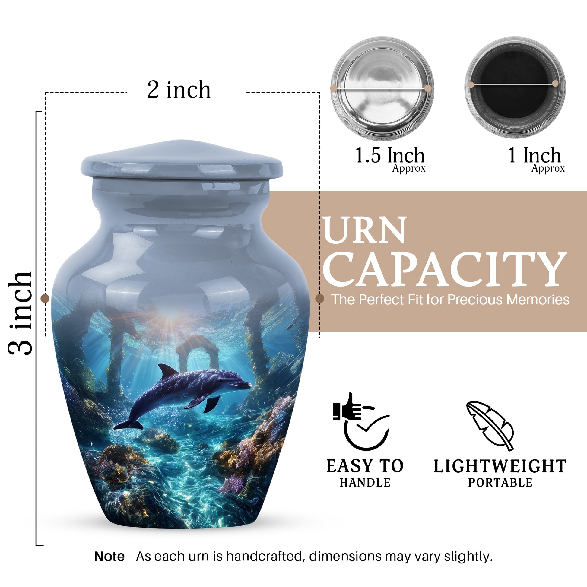 Serene Blue Dolphin Cremation Urn close-up of engraving and surface detail - traditional dolphin engraving with hand-polished finish - mini keepsake memorial for portion of cremation ashes