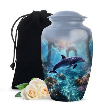 Misty Blue Dolphin Cremation Urn angled view of lid and engraved motif - timeless dolphin motif etched into premium metal - full-size 10 inch 200 cubic inch adult cremation urn