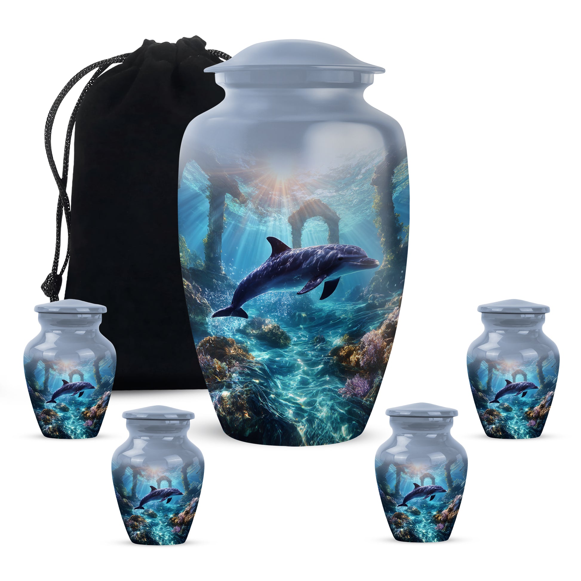 Navy Blue Dolphin Cremation Urn top-down view of secure threaded lid - classic sculpted dolphin pattern on smooth aluminum - memorial set with one large and four small urns