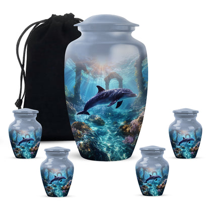 Navy Blue Dolphin Cremation Urn top-down view of secure threaded lid - classic sculpted dolphin pattern on smooth aluminum - memorial set with one large and four small urns