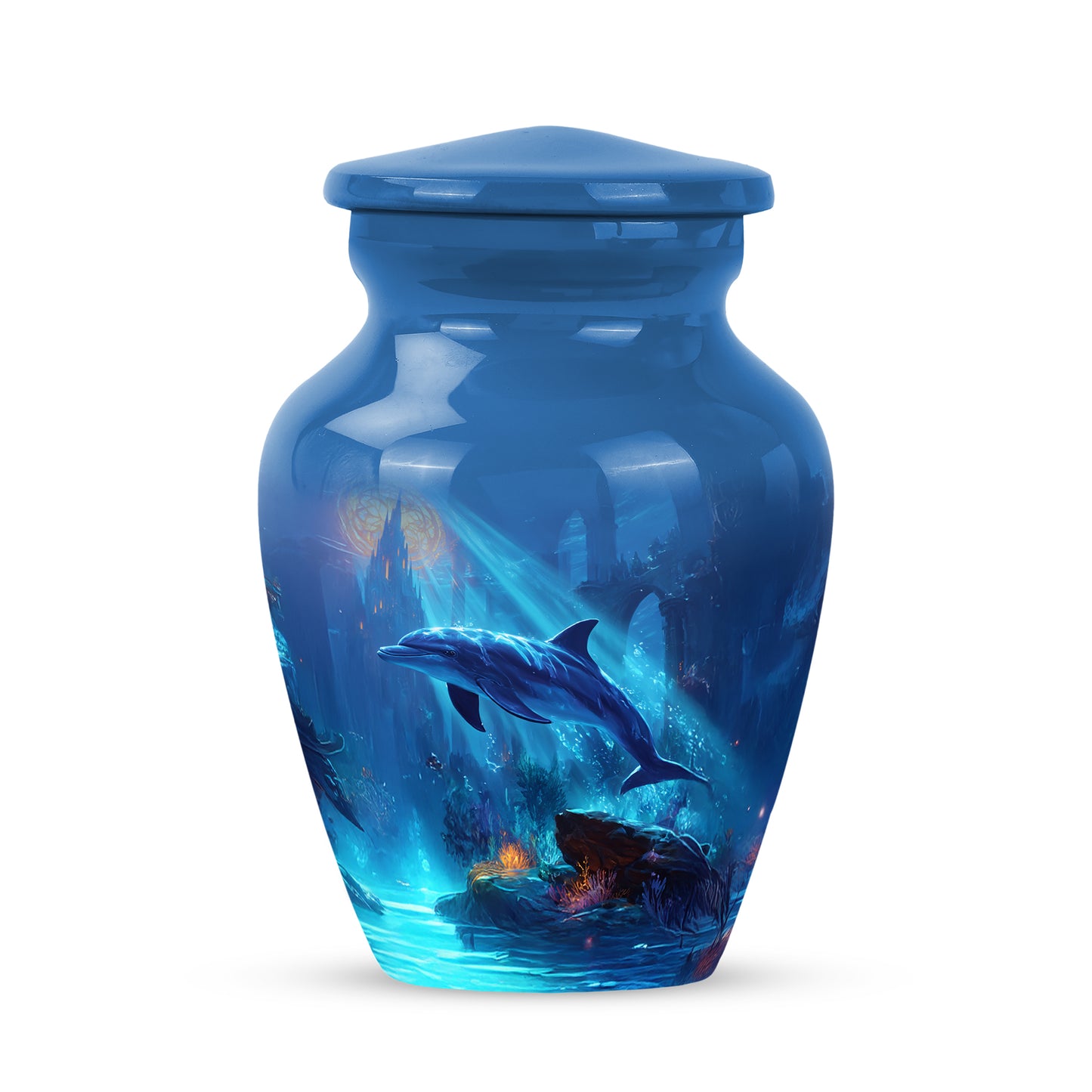 Blue Breathtaking Dolphin Memorial Urn for Ashes - 10-inch, 200 cu in - Yatskia