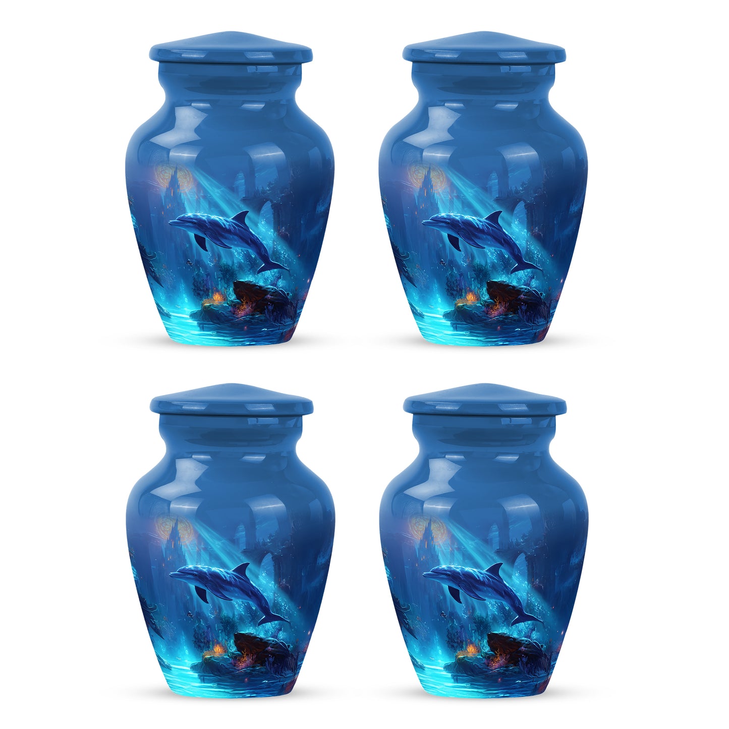 Vivid Blue Dolphin Cremation Urn side profile showing urn shape - elegant classic dolphin relief with fine detailing - 10 inch aluminum urn for cremated remains