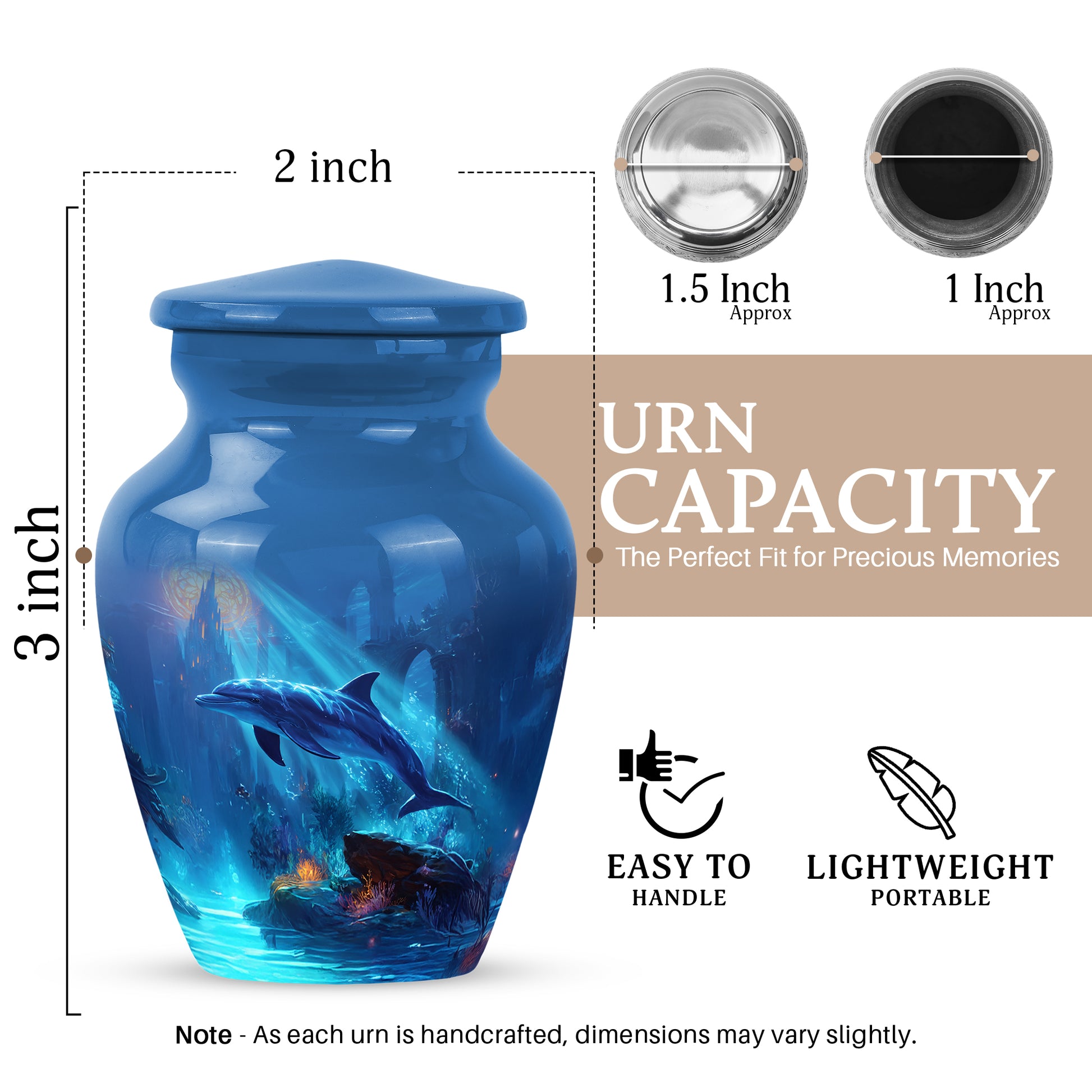 Twilight Blue Dolphin Cremation Urn close-up of engraving and surface detail - elegant classic dolphin relief with fine detailing - mini keepsake memorial for portion of cremation ashes
