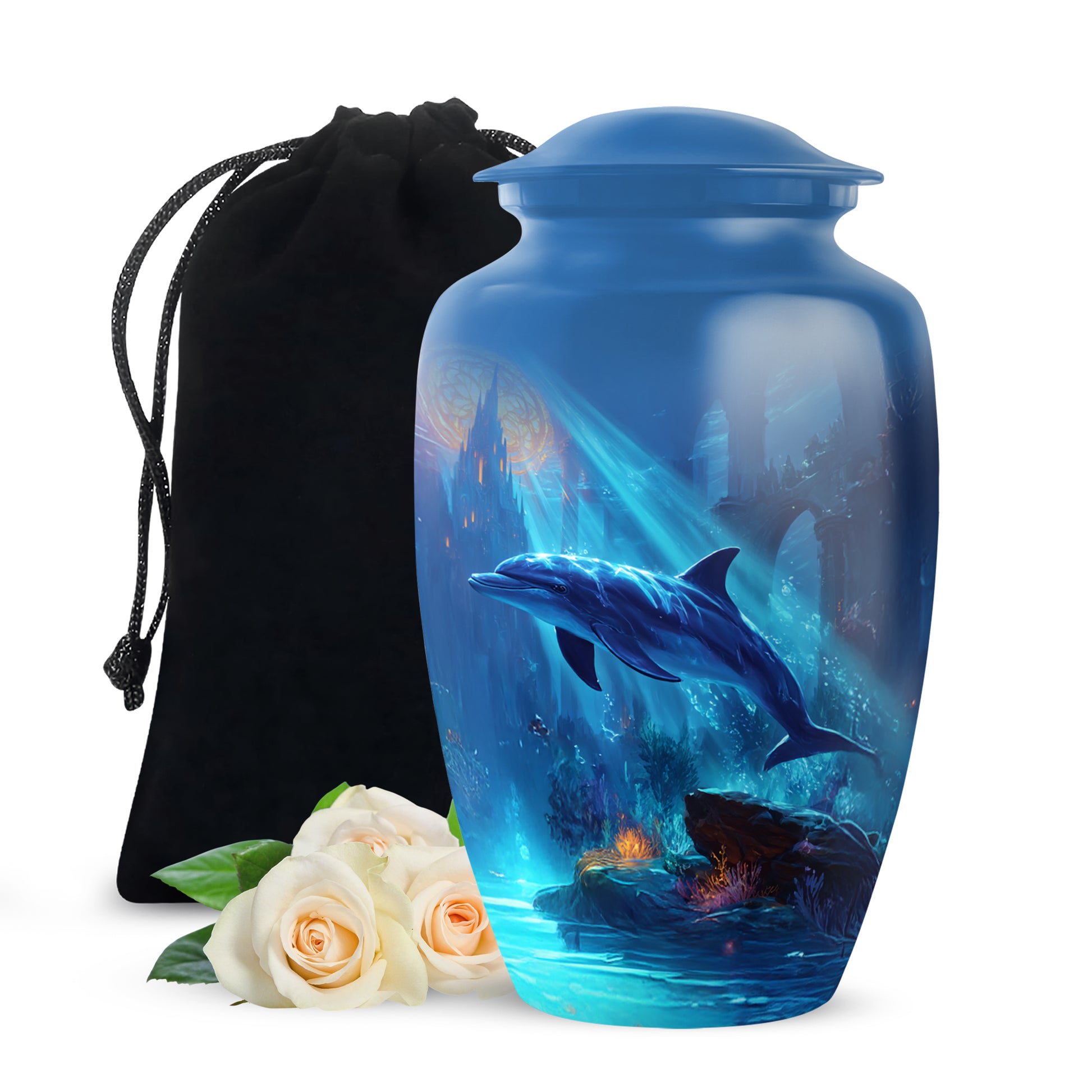 Vivid Blue Dolphin Cremation Urn angled view of lid and engraved motif - traditional dolphin engraving with hand-polished finish - full-size 10 inch 200 cubic inch adult cremation urn
