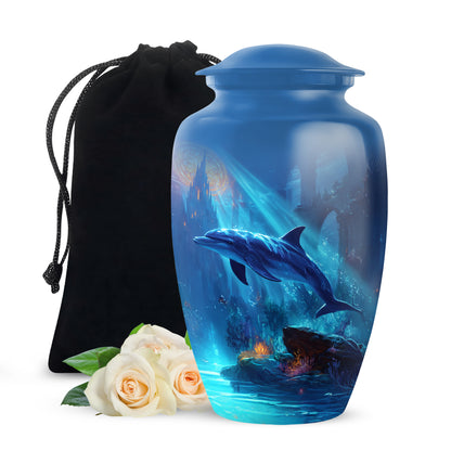 Vivid Blue Dolphin Cremation Urn angled view of lid and engraved motif - traditional dolphin engraving with hand-polished finish - full-size 10 inch 200 cubic inch adult cremation urn