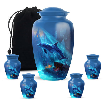 Dusty Blue Dolphin Cremation Urn top-down view of secure threaded lid - classic sculpted dolphin pattern on smooth aluminum - memorial set with one large and four small urns