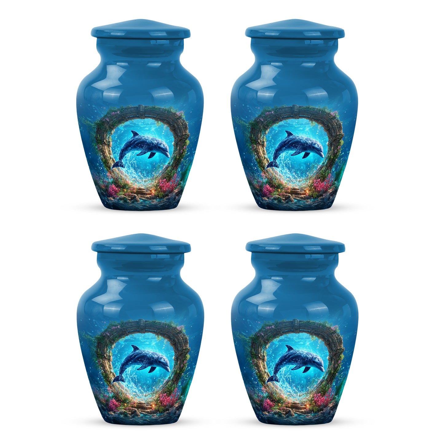 Misty Blue Dolphin Cremation Urn side profile showing urn shape - timeless dolphin motif etched into premium metal - 10 inch aluminum urn for cremated remains