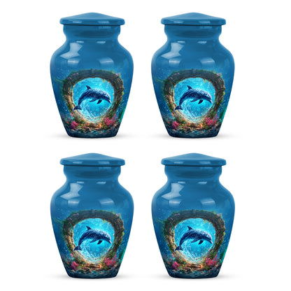 Misty Blue Dolphin Cremation Urn side profile showing urn shape - timeless dolphin motif etched into premium metal - 10 inch aluminum urn for cremated remains
