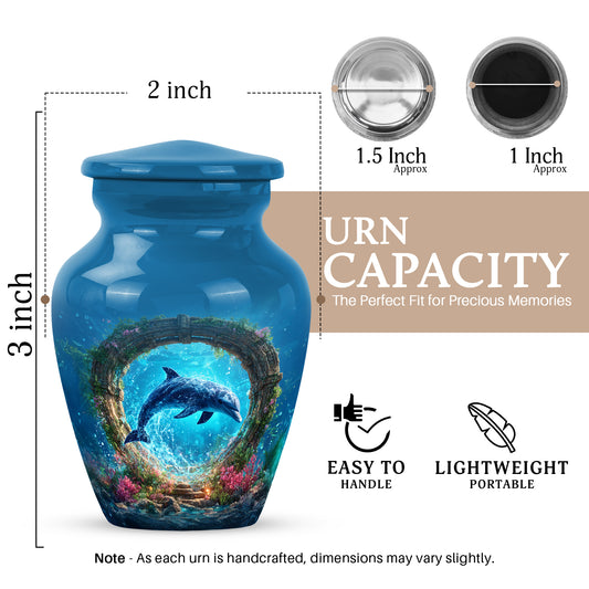 Slate Blue Dolphin Cremation Urn close-up of engraving and surface detail - timeless dolphin motif etched into premium metal - mini keepsake memorial for portion of cremation ashes