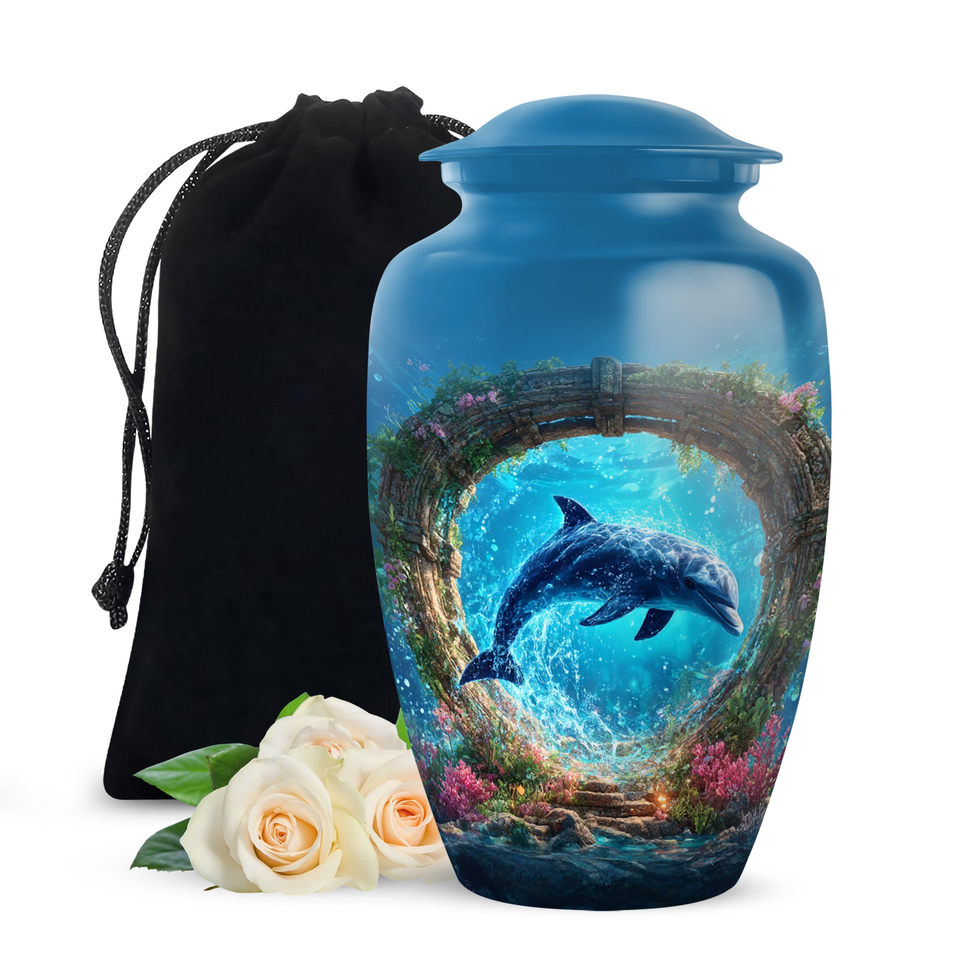 Misty Blue Dolphin Cremation Urn angled view of lid and engraved motif - timeless dolphin motif etched into premium metal - full-size 10 inch 200 cubic inch adult cremation urn