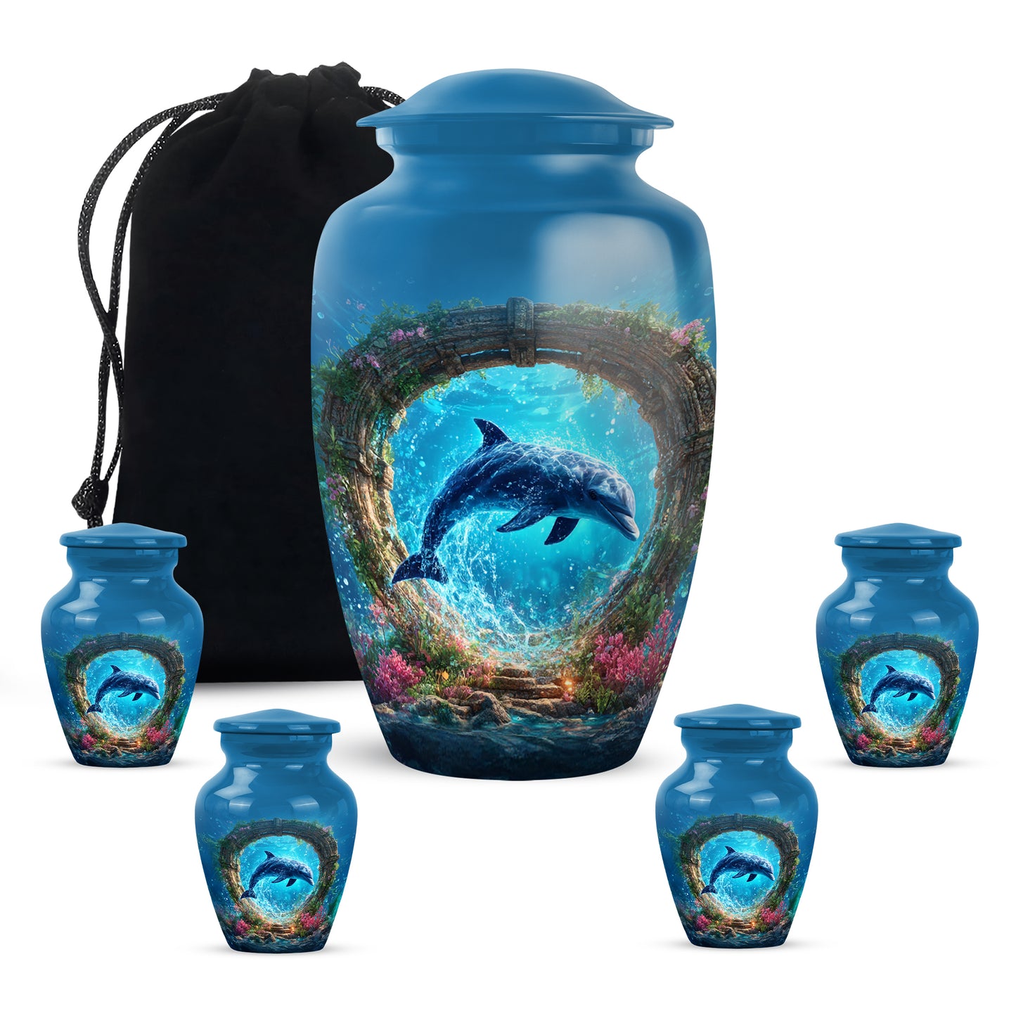 Icy Blue Dolphin Cremation Urn top-down view of secure threaded lid - timeless dolphin motif etched into premium metal - memorial set with one large and four small urns