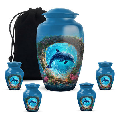 Icy Blue Dolphin Cremation Urn top-down view of secure threaded lid - timeless dolphin motif etched into premium metal - memorial set with one large and four small urns