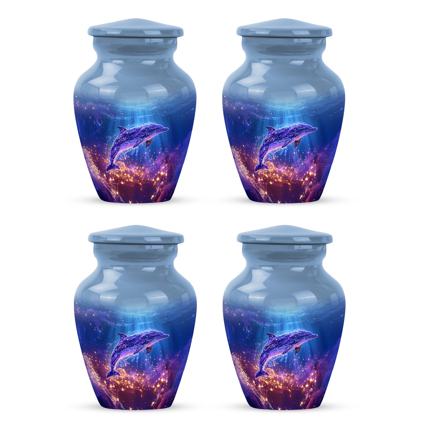 Slate Blue Dolphin Cremation Urn side profile showing urn shape - classic sculpted dolphin pattern on smooth aluminum - 10 inch aluminum urn for cremated remains